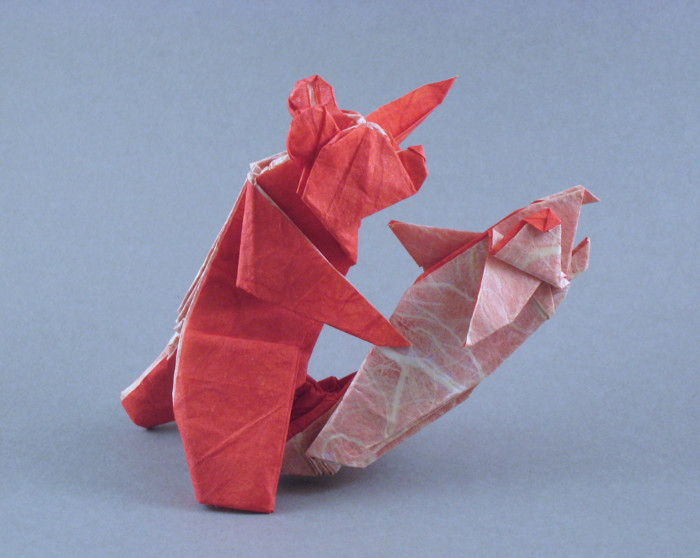 Origami Bear catching salmon by Yamada Katsuhisa folded by Gilad Aharoni