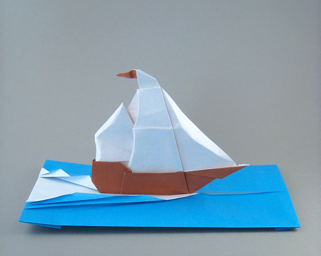 Origami Sailing ship and waves by Francesco Miglionico folded by Gilad Aharoni