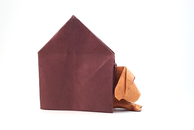 Origami Dog in doghouse by Patricia Crawford folded by Gilad Aharoni
