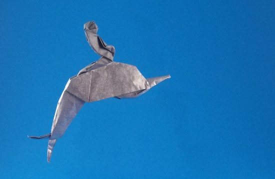 Origami Boy on dolphin by Robert Harbin folded by Gilad Aharoni