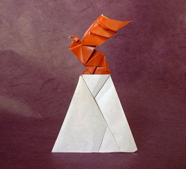 Origami Hawk on a rock by Seiji Nishikawa folded by Gilad Aharoni