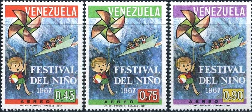 Venezuela 1967 Children's festival - set of 3 - paper plane, pinwheel (Postage)