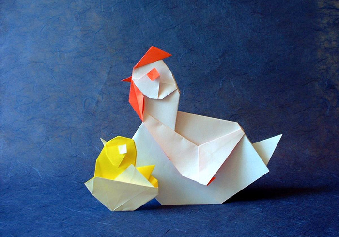 Origami Chicken and chick in egg by Taichiro Hasegawa folded by Gilad Aharoni