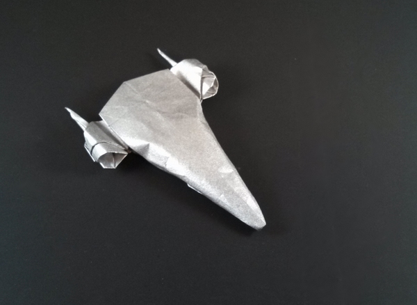 Origami Naboo Royal Starship by Chris Alexander. Folded from a square of Nicolas Terry's tissue-foil by Gilad Aharoni on giladorigami.com
