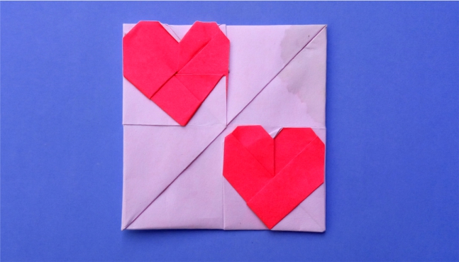 Origami 2 hearts in corners of square by Hadi Tahir on giladorigami.com