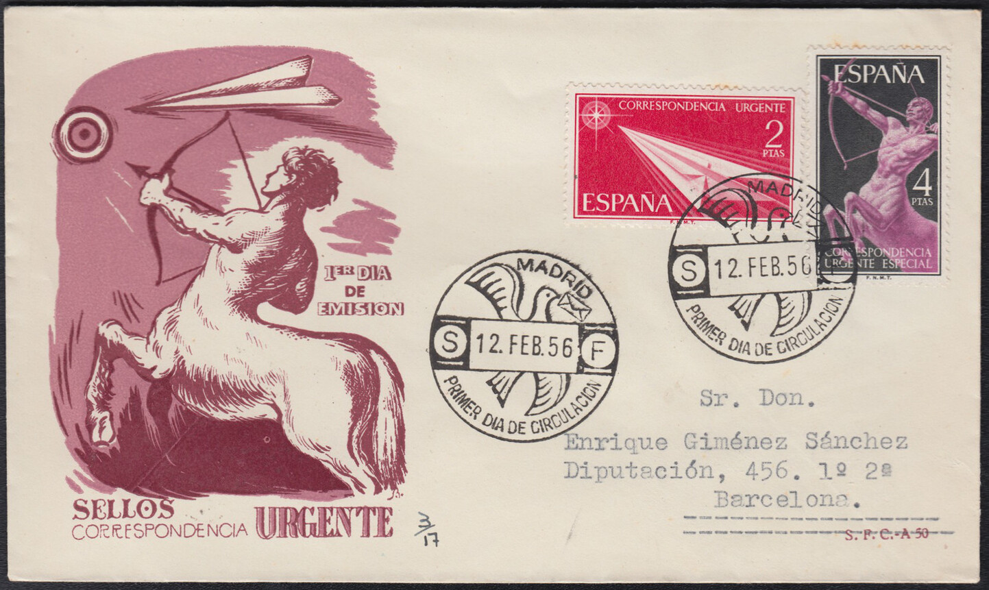 Spain 1956 Correspondencia Urgente - dart (2p) (FDC)