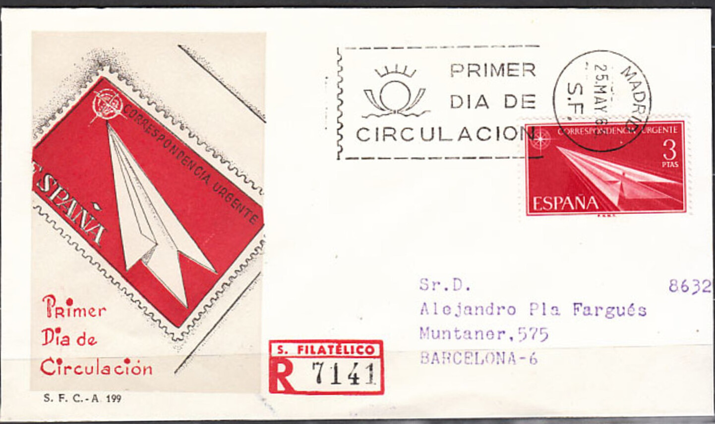 Spain 1965 Correspondencia Urgente - dart (3p) (FDC)