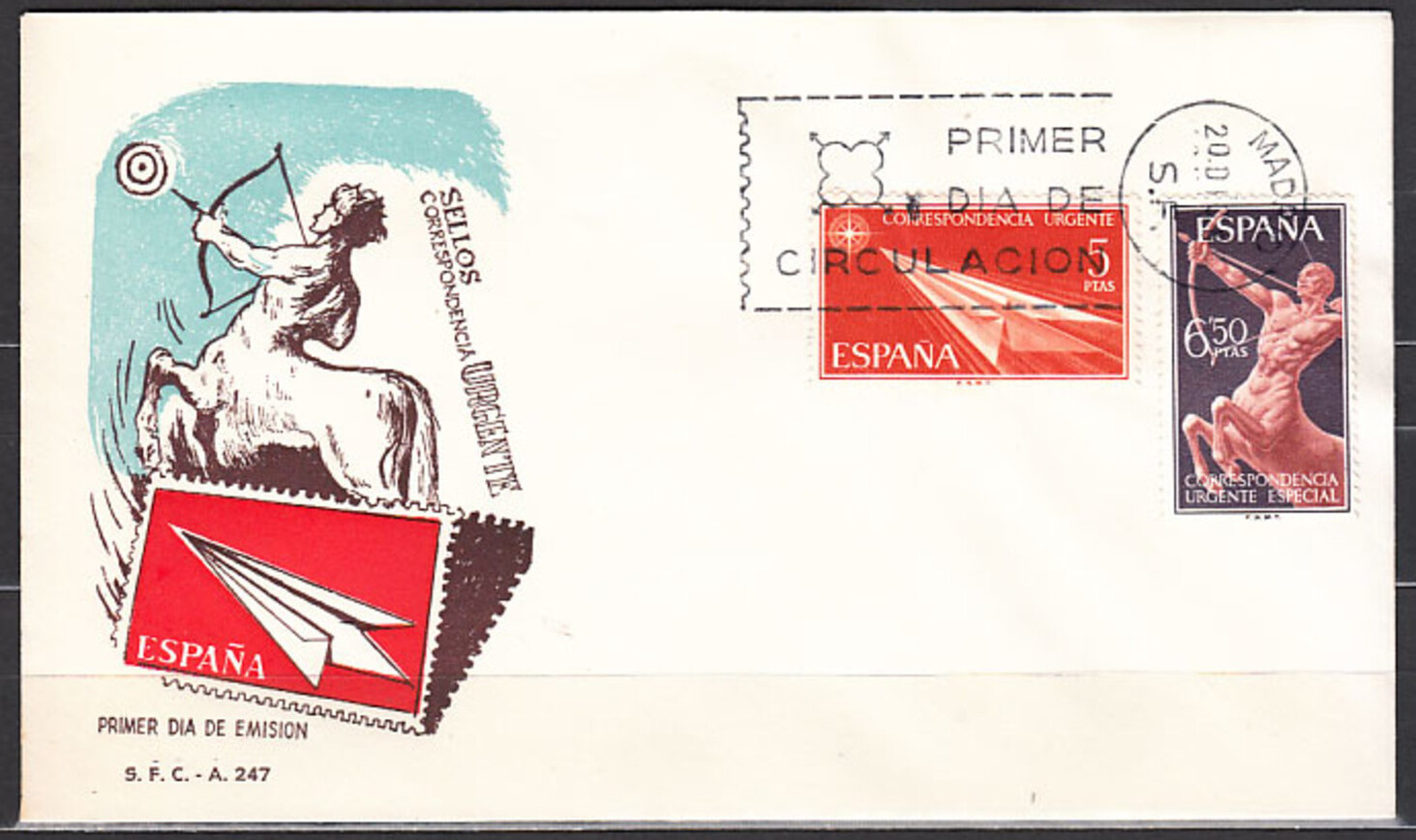 Spain 1966 Correspondencia Urgente - dart (5p) (FDC)